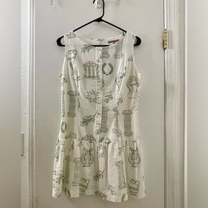 Chic Ivory and Olive Patterned Drop Waist Mini Dress